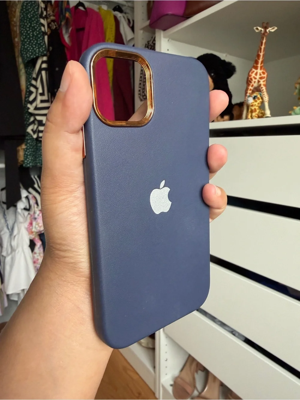 Apple Navy Blue iPhone Case with Gold Camera Trim and Apple Logo